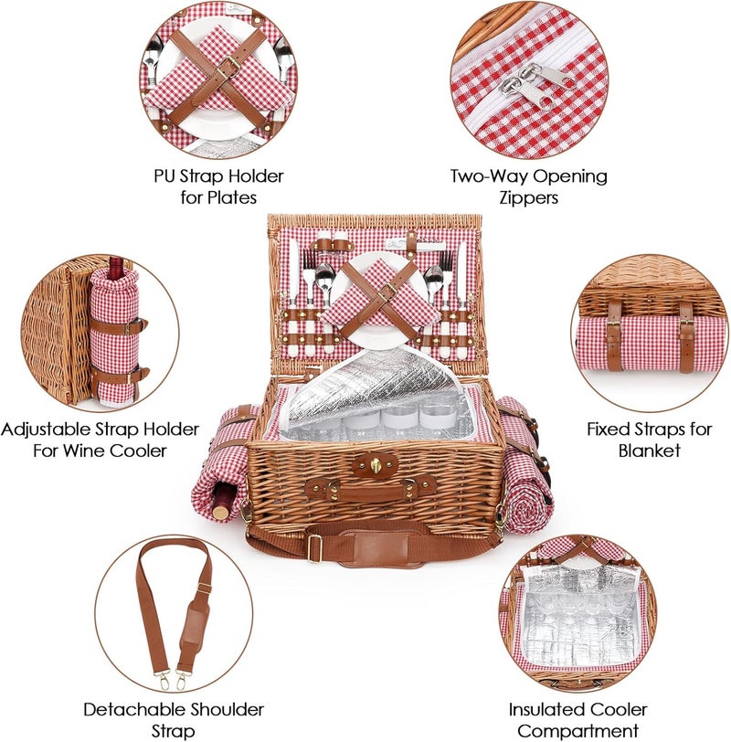 WILLOW WEAVE Picnic Basket for 4, Insulated Willow Picnic Baskets with Shoulder Strap, Picnic Hamper with Waterproof Picnic Blanket, Handmade Wicker Hamper for Outdoor, Great Gifts for Thanksgiving, Christmas - Image 4